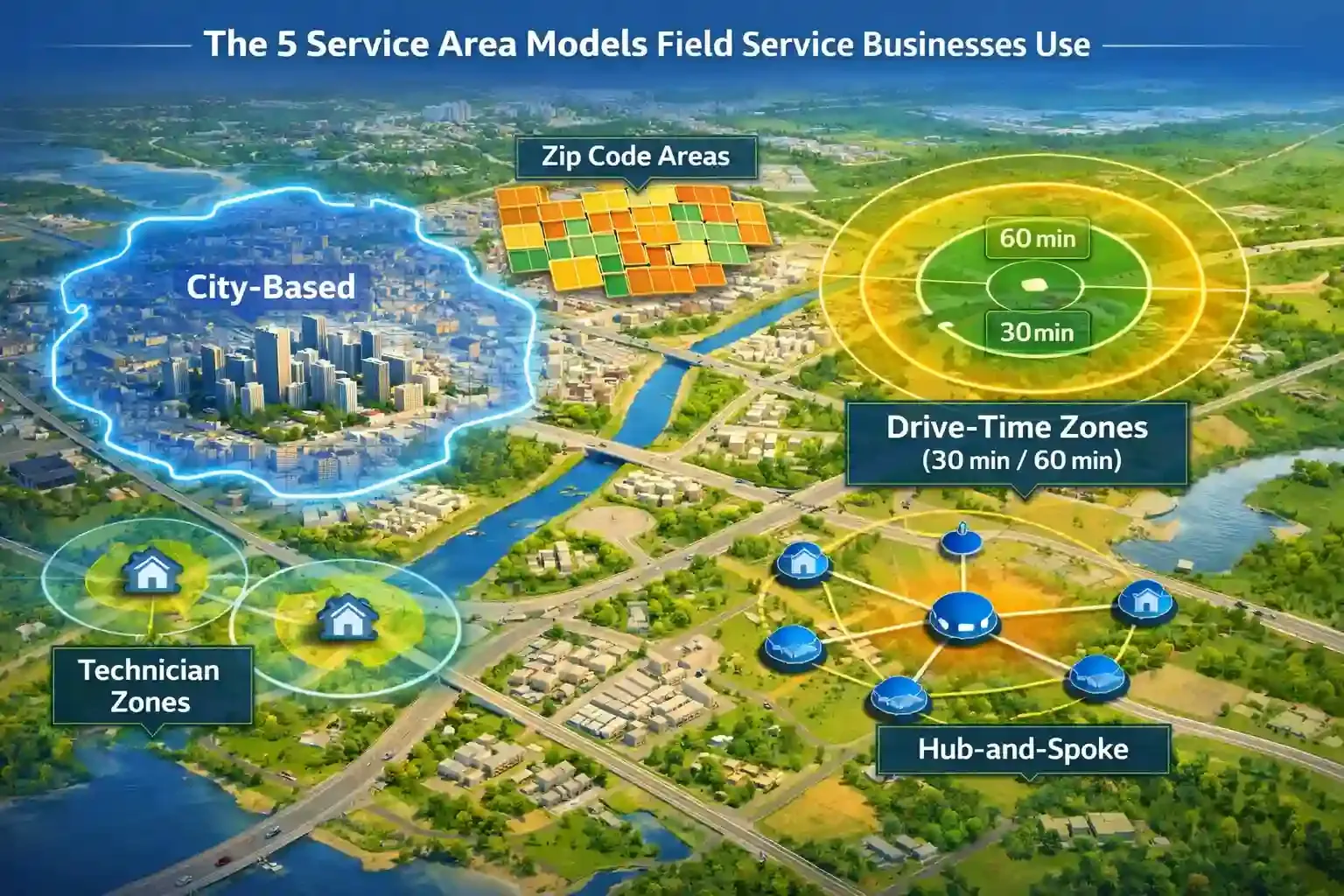 3D map showing 5 service area models: city, zip, drive-time, hub zones